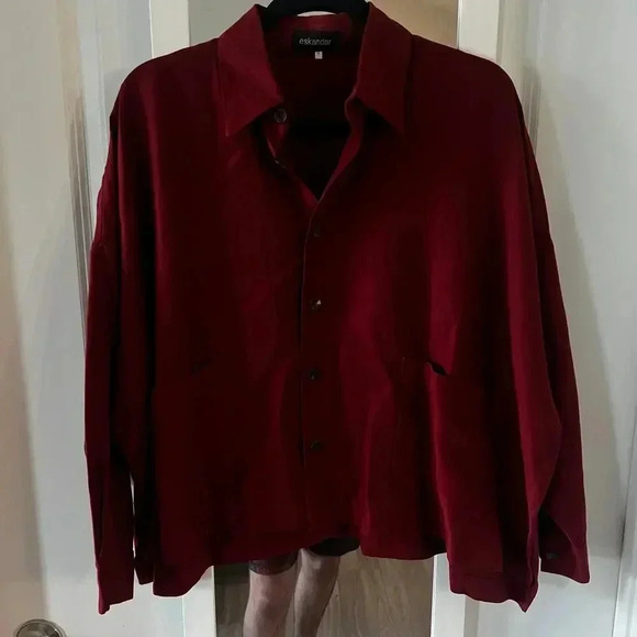 850 Eskandar Button Up Long Sleeve Shirt Jacket Size 0 Color Red Linen - Picture 1 of 7